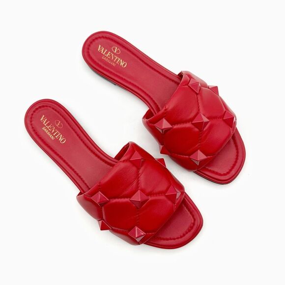 VALENTINO Rockstud Red Leather Sandal Size 39 Flat Flip Flop Slide Mule Studded - Picture 5 of 13